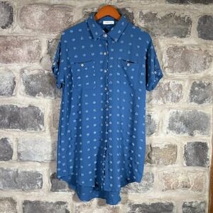 BSUBSEACH Blue Button Up Tunic Top Swiss‎ Dot Women's Large Coastal Lagenlook